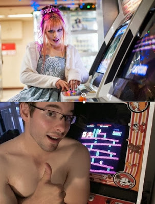 Girl vs. guy gamer posing with arcade machines