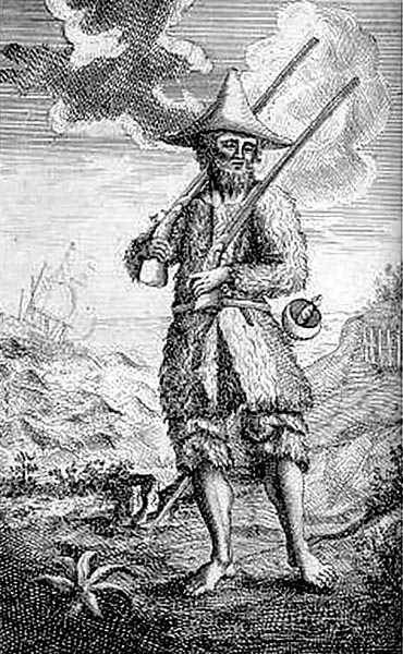 engraving of a man in a straw hat and tattered clothes, a rifle over his shoulder and sword at his side. In the background is a raging sea and a ship atilt
