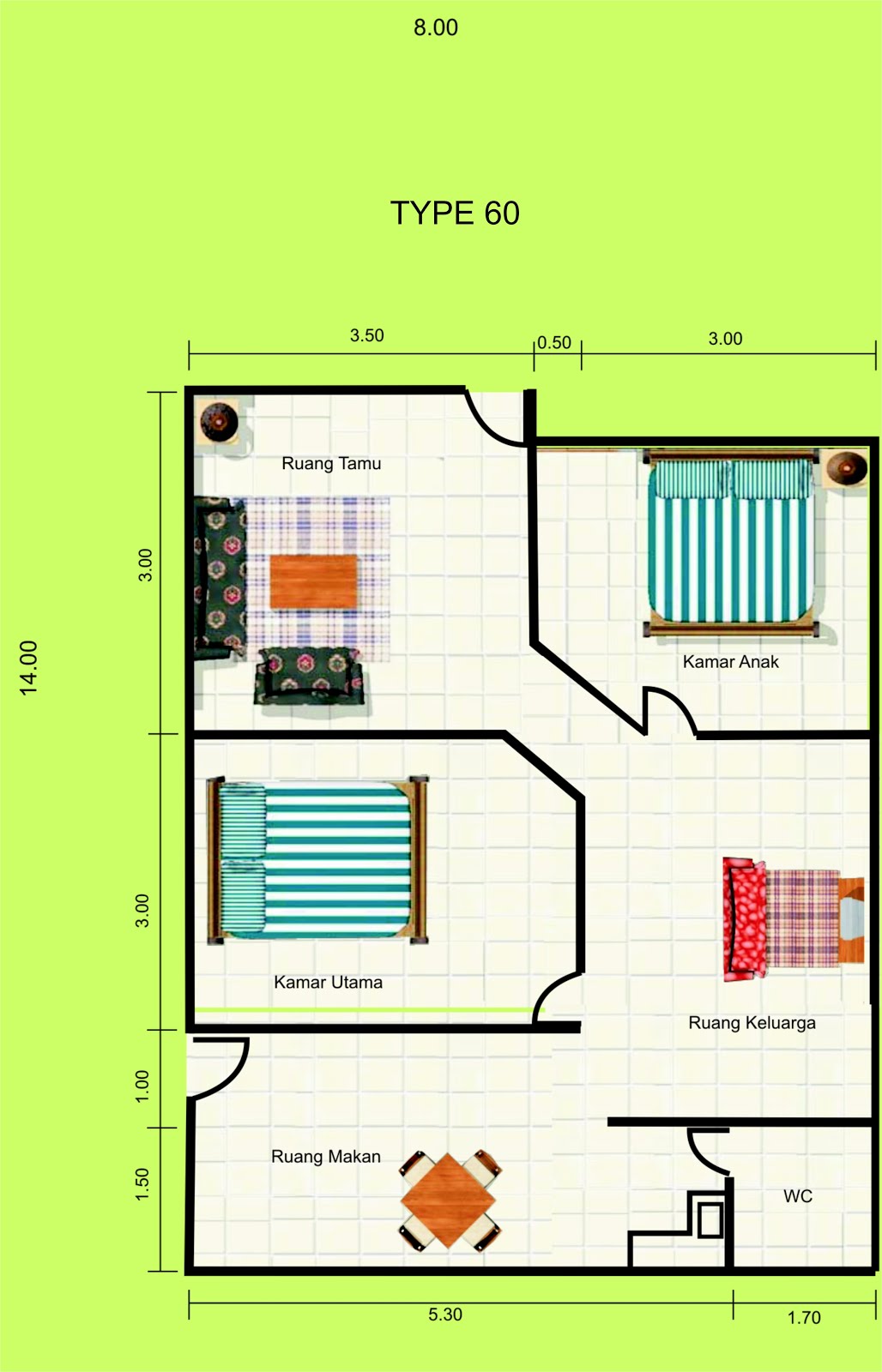 GAMBAR DENAH RUMAH TYPE 60 DAN UKURANNYA freewaremini