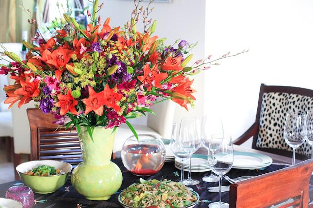 kwiaty, bukiety, pomarańczowo fioletowe kwiaty, bukiety na stół