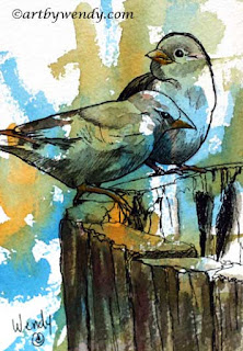 Wendy Mould_Perched on a Barrel_Ink & Watercolour mounted on Wood Block_7 x 5_$115