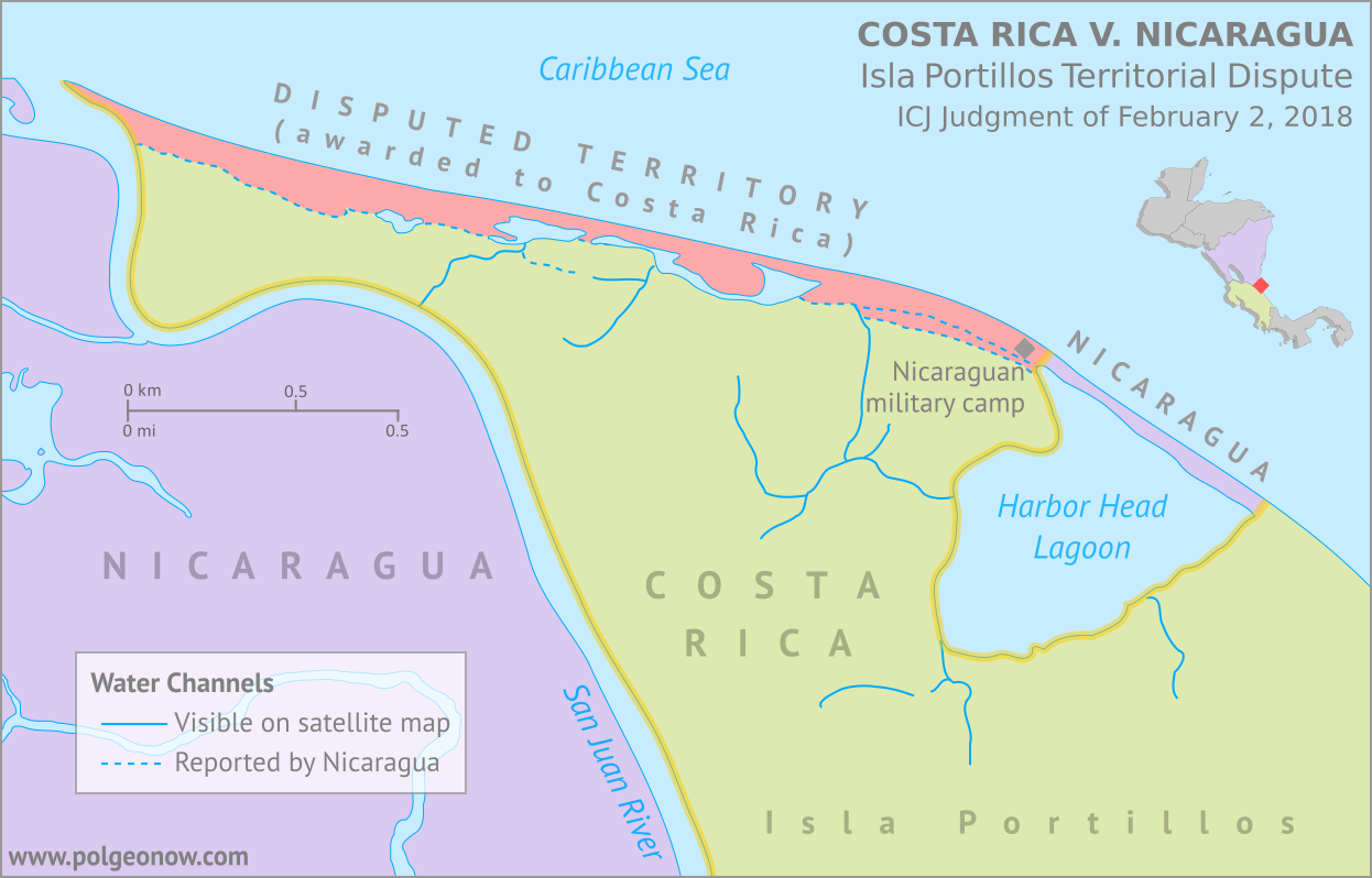 Conflicto Isla Portillos - mapa 2018. Map of Costa Rica and Nicaragua's post-2015 territorial dispute on Isla Portillos at the mouth of Rio San Juan, showing the judgment of the International Court of Justice (ICJ) of February 2018, based on the case filed in 2017. Includes key features such as Harbor Head Lagoon, the Nicaraguan military camp, the disputed territory along the beach, and the small water channels used to argue Nicaragua's case. Colorblind accessible.