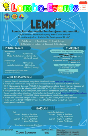 Lomba Essay dan Media Matematika LEMM UNY 2019 Mahasiswa Se-Jawa
Lomba Essay dan Media Matematika LEMM UNY 2019 Mahasiswa Se-Jawa