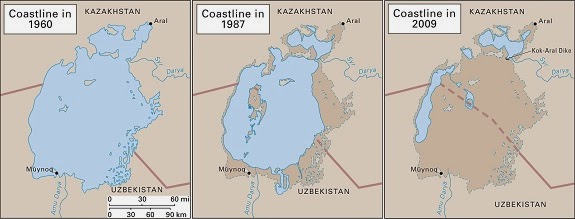 Aral Sea shorelines 1960-2009.