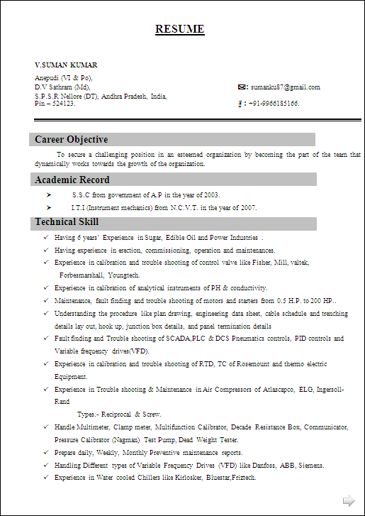 Iti Student Resume Format RESUME SAMPLE FOR I.T.I (Instrument mechanics) from N.C.V.T & Having 7 years' Experience in Sugar, Edible Oil and Power Industries