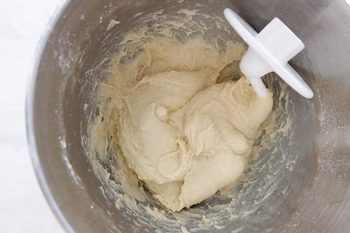 mixed and kneaded dough in mixer bowl