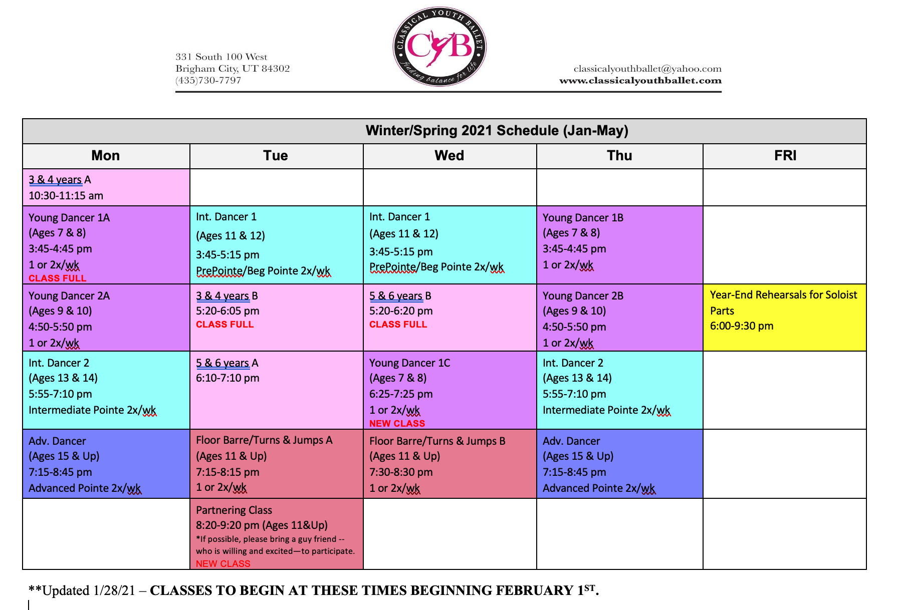 Classical Youth Ballet Winter/Spring 2021 ScheduleUpdated!