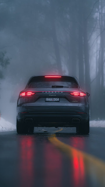 Road, Winter, Porsche Cayenne, SUV, Gray Car, Rear view