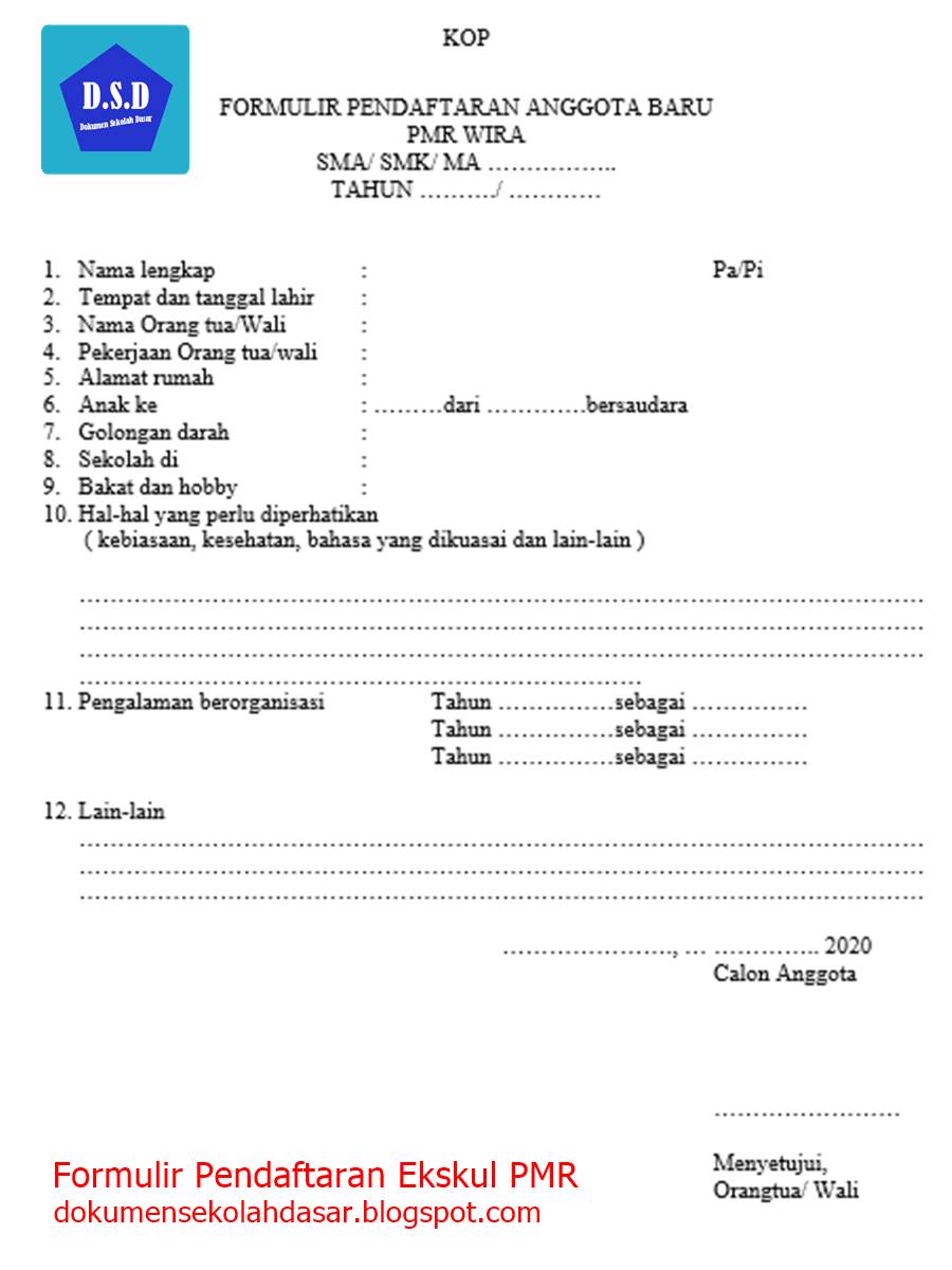 Contoh Formulir Pendaftaran Ekskul Lengkap Dokumen Sekolah Dasar