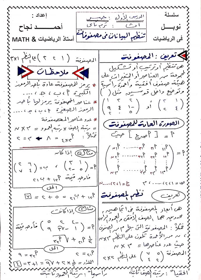 مراجعة جبر أولى ثانوى ترم ثاني.. تنظبم البيانات في مصفوفات أ/ احمد نجاح