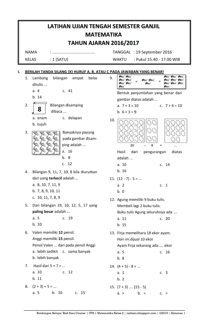 Download Soal UTS Ganjil Matematika Kelas 1 Semester 1
