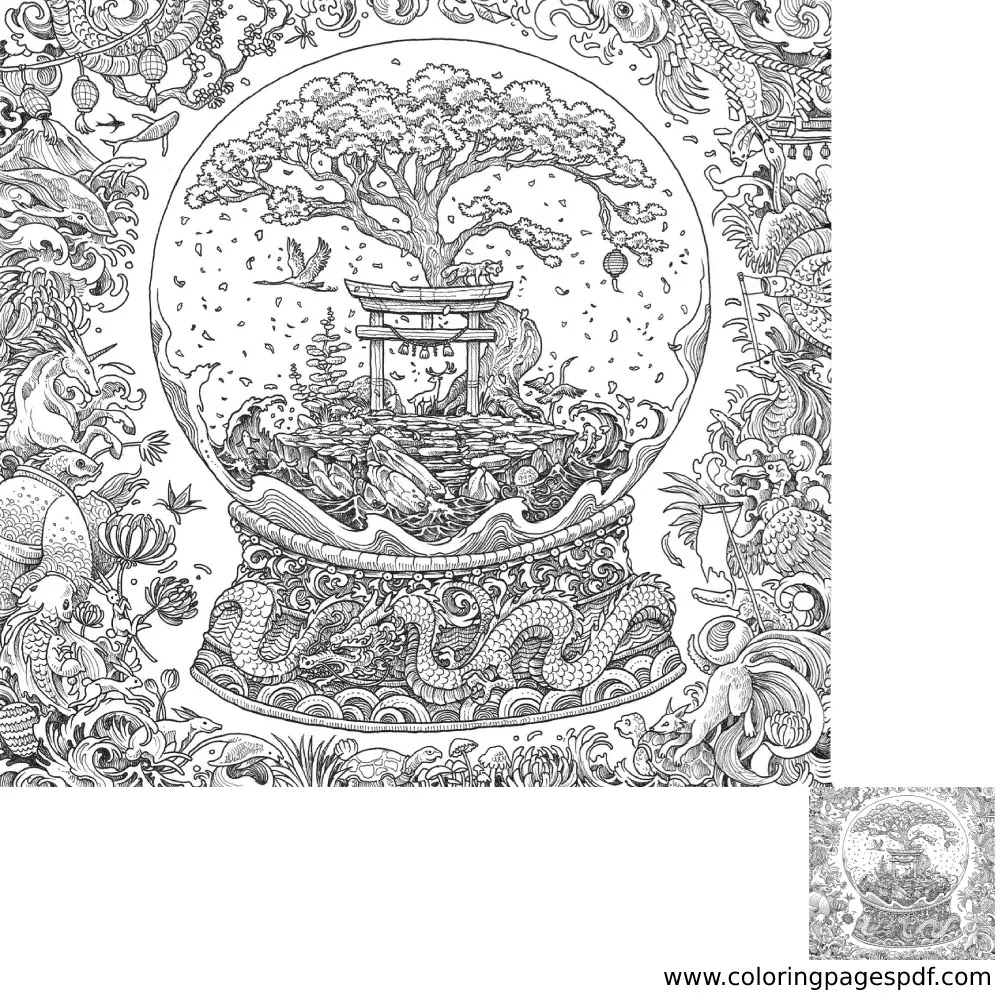 Coloring Page Of A Chinese Sakura Tree In A Glass Ball