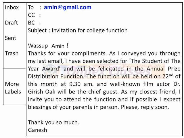 Write an email to invite your friend to attend the Annual Prize Distribution Function in college.