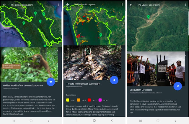 Drei Screenshots von Google Earth, die die Bedrohungen für das Leuser-Ökosystem aufzeigen