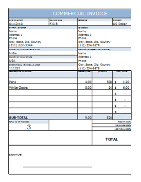 Commercial Invoice Printable Template