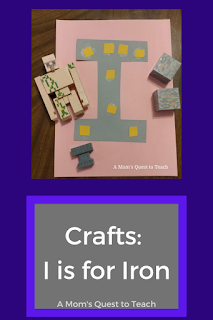 A Mom's Quest to Teach: Crafts: I is for Iron – Introduce the letter I using Minecraft. #homeschool #preschool #kindergarten Text: I is for Iron A Mom's Quest to Teach; letter I craft with toy Iron Golem and Minecraft iron ore blocks
