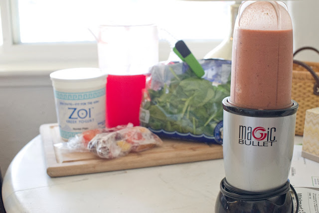 Easy and delicious Crystal Light, non-fat Greek yogurt, fruit and spinach smoothie