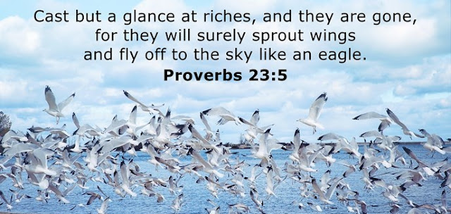  Cast but a glance at riches, and they are gone, for they will surely sprout wings and fly off to the sky like an eagle. 
