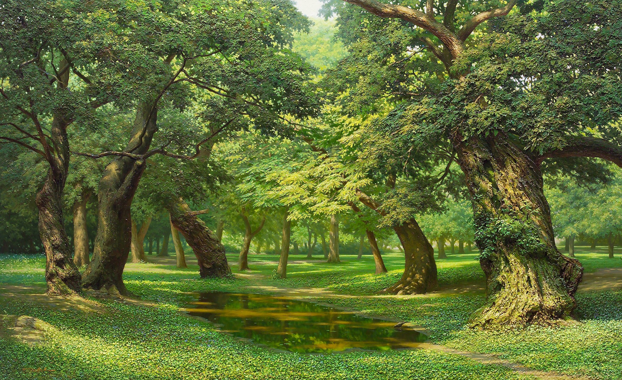 There are trees in the garden. Корейский художник an Jung-Hwan. АН Юнг Хван картины. Дерево - в живописных картинах.