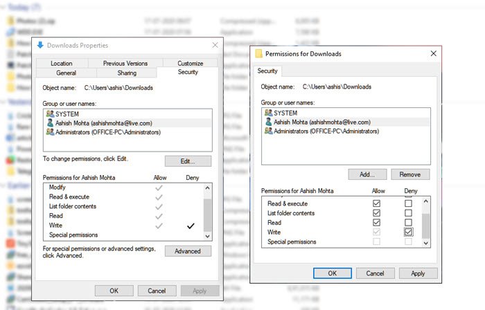 Разрешение папки для загрузки папки в Windows 10