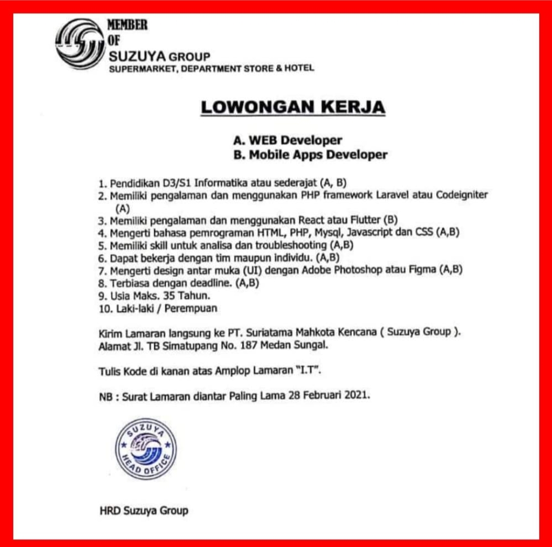Lowongan Kerja D3 S1 Di Suzuya Medan Februari 2021 Lowongan Kerja Medan Terbaru Tahun 2021