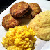 Salmon croquettes with scrambled eggs and cheese grits