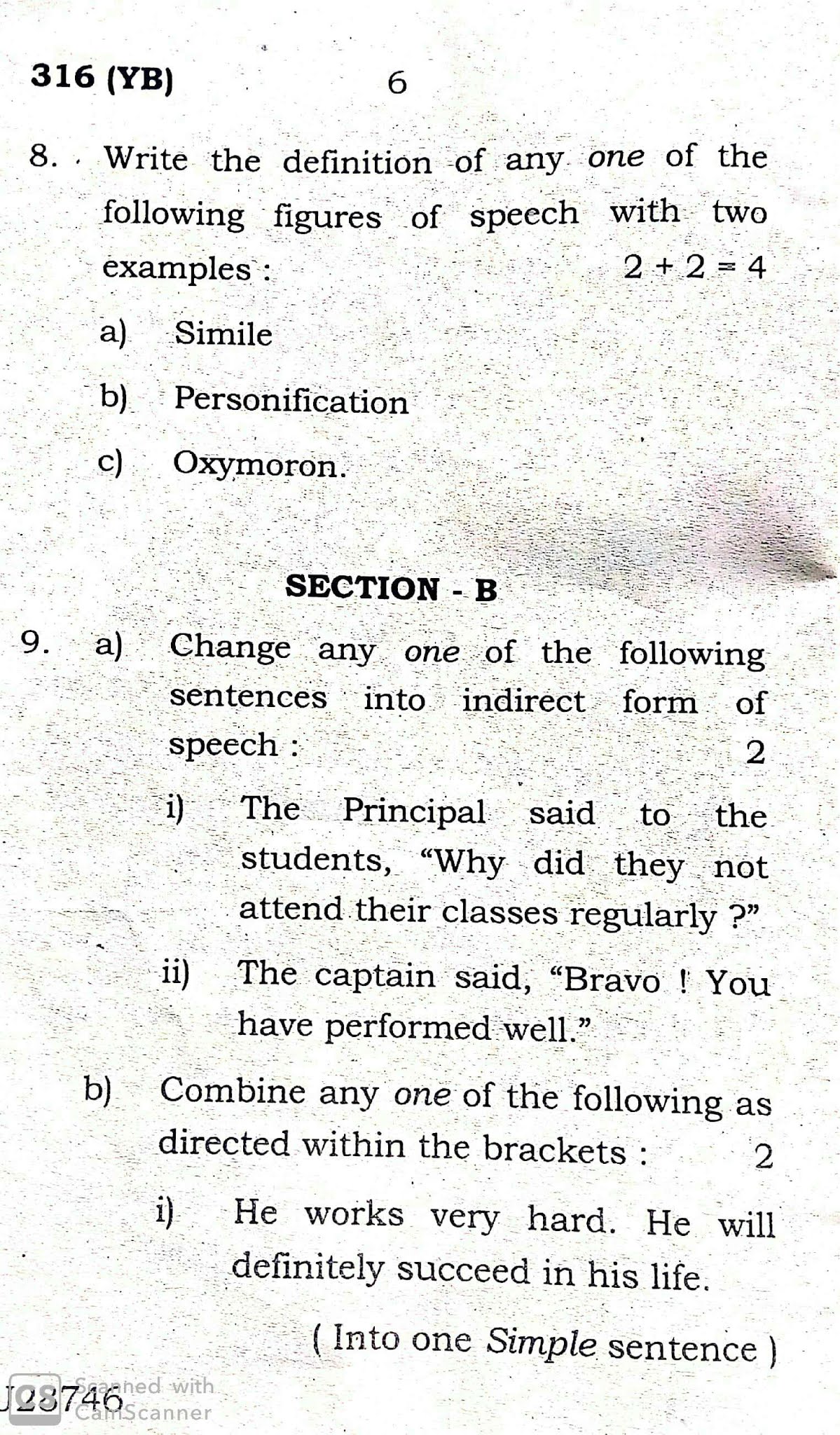 English, UP Board Question Paper for 12th of Examination 2020