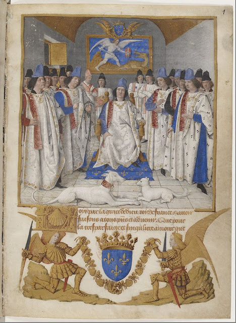 Людовик XI учреждает статут Ордена Св. Михаила. Миниатюра Жана Фуке из «Статута Ордена Св. Михаила» (1470). Национальная библиотека, Париж.