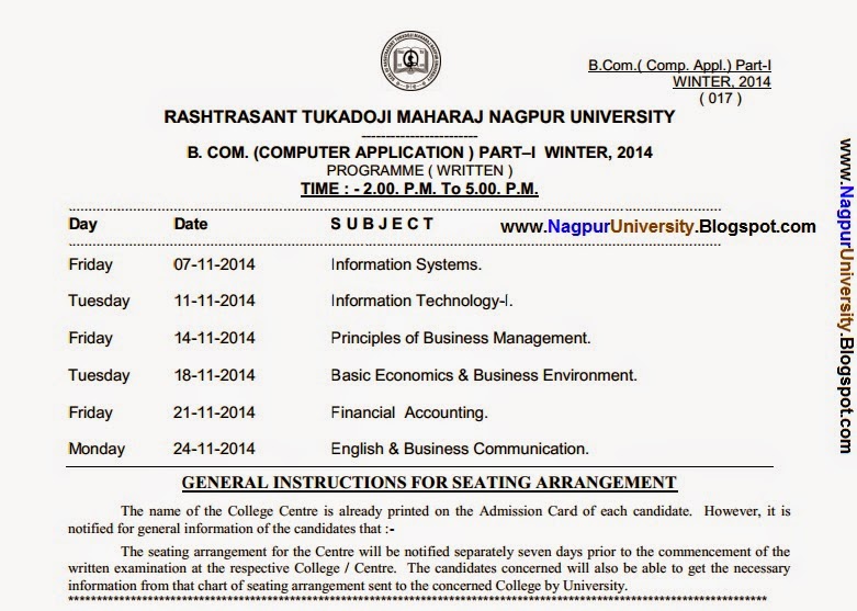 BCCA 1st year winter session 2018 Timetable Nagpur University