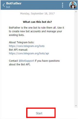 Tampilan memulai pembuatan bot telegram