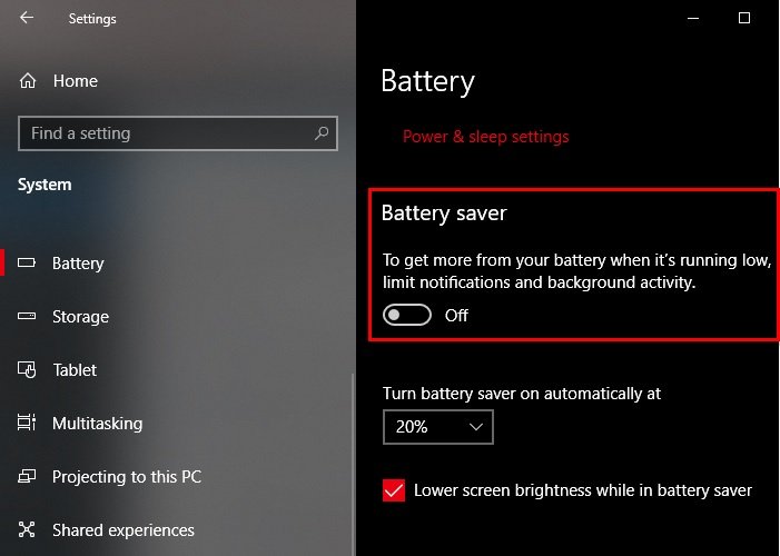 Abilita o disabilita il risparmio batteria in Windows 10