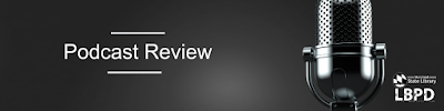 Microphone on black blackground text says podcast review