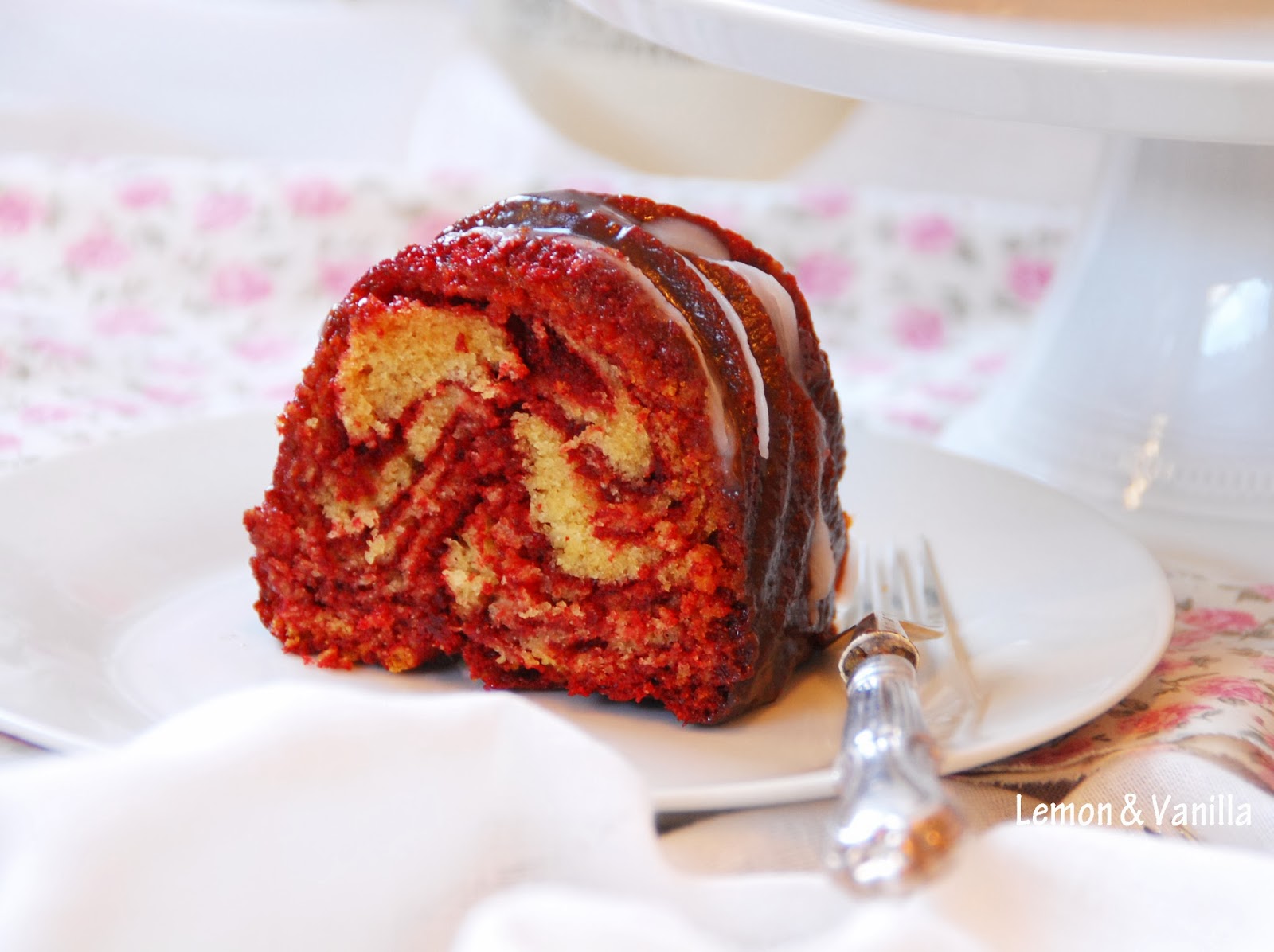 Lemon & Vanilla Red velvet zebra bundt cake with chocolate glaze