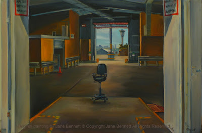 plein air oil painting of interior of now demolished cruise ship terminal Wharf 8 at Barangaroo by industrial heritage and marine artist Jane Bennett