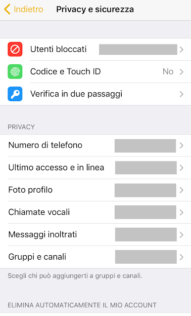 Menù Privacy e Sicurezza di Telegram Messenger per iOS