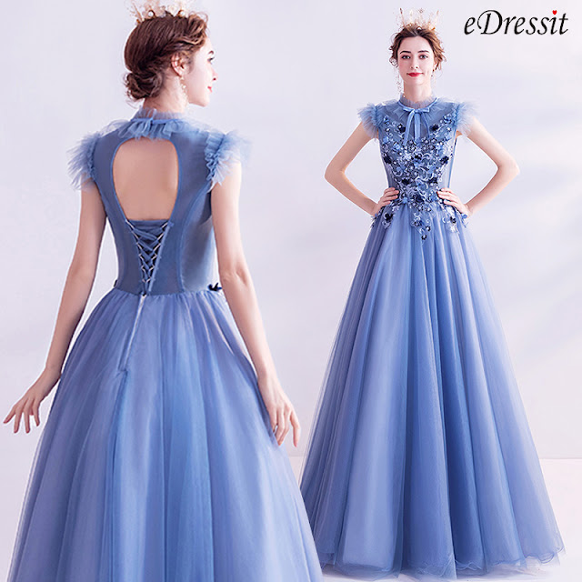eDressit New Blue High Neck Embroidery Party Evening Dress
