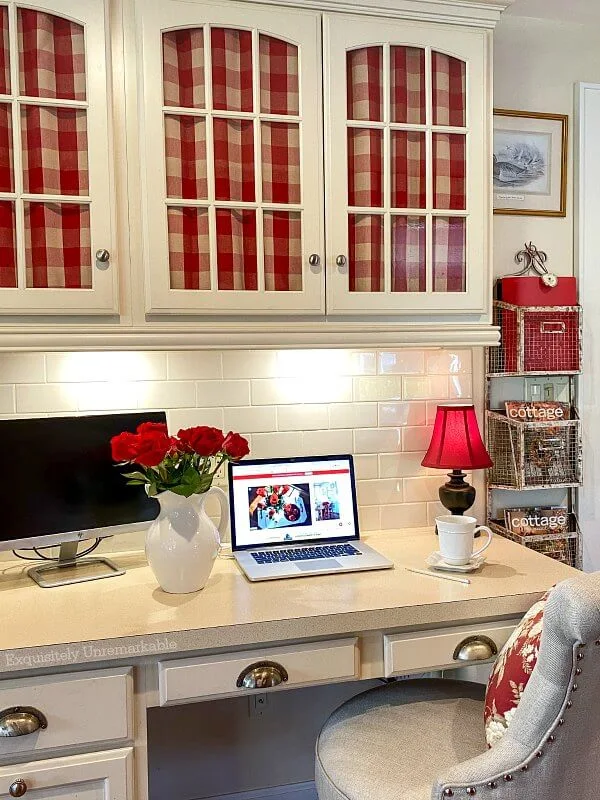 Cottage Style Desk Area with red check fabric on cabinet doors