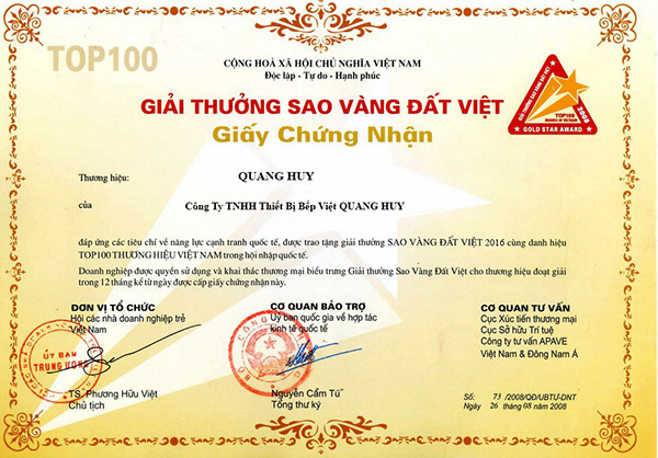 Giấy chứng nhận hàng Việt Nam chất lượng cao của Quang Huy