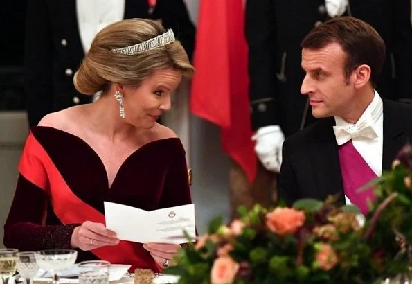 Queen Mathilde, President Emmanuel Macron, Brigitte Macron, Princess Astrid and Princess Claire diamond tiara, wore Armani dress