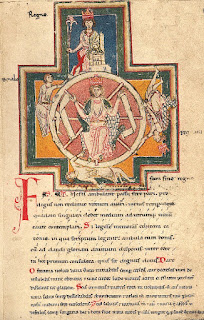 Imagen con una ilustración de la rueda de Carmina Burana manuscrito encontrado en Benediktbeuern (Alemania) en el siglo XIX.