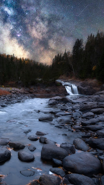 River, Night, Starry Sky, Trees, Water, Nature