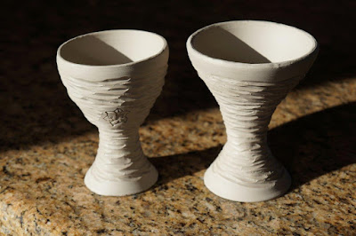 Clay pottery stoneware carved goblets in progress.