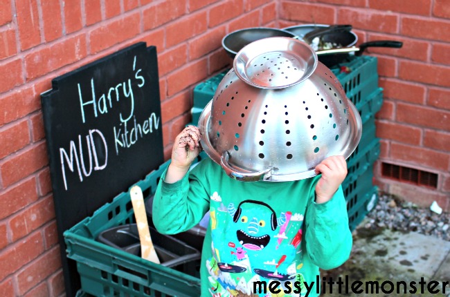 How to make a simple DIY outdoor mud kitchen for kids. Fun outdoor sensory activities for toddlers and preschoolers.