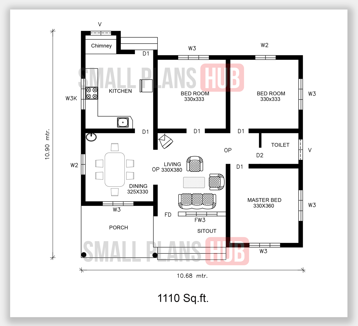 Kerala Style 1110 Sq.Ft. Three Bedroom House Plan and Elevation with