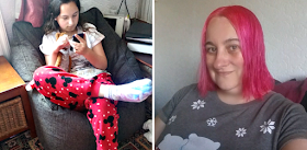 My youngest sat on our new bean bag playing on her phone and my new pink hair.