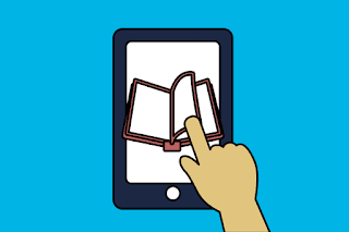 ilustração de uma mão mexendo em um e-book