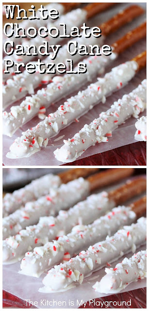 White Chocolate Candy Cane Pretzel Rods ~ Looking for a super easy festive treat? -- These peppermint pretzels have got you covered! With just 4 simple ingredients, they come together in a flash. A perfect sweet treat for Christmas nibbling and gifting. #whitechocolatepretzels #candycanepretzels #peppermintpretzels #easyChristmastreats  www.thekitchenismyplayground.com