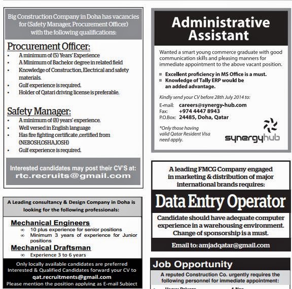 Constructions and FMCG Companies Job Vacancies for Qatar Gulf Jobs