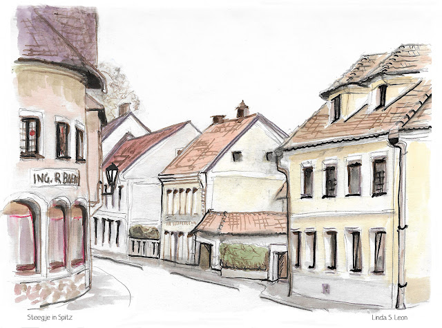 Alley in Spitz (Wachau) Austria - watercolor painted on location by Linda S. Leon