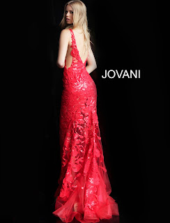 Red Color Plunging Neckline Embellished Red Carpet Jovani Design Dress